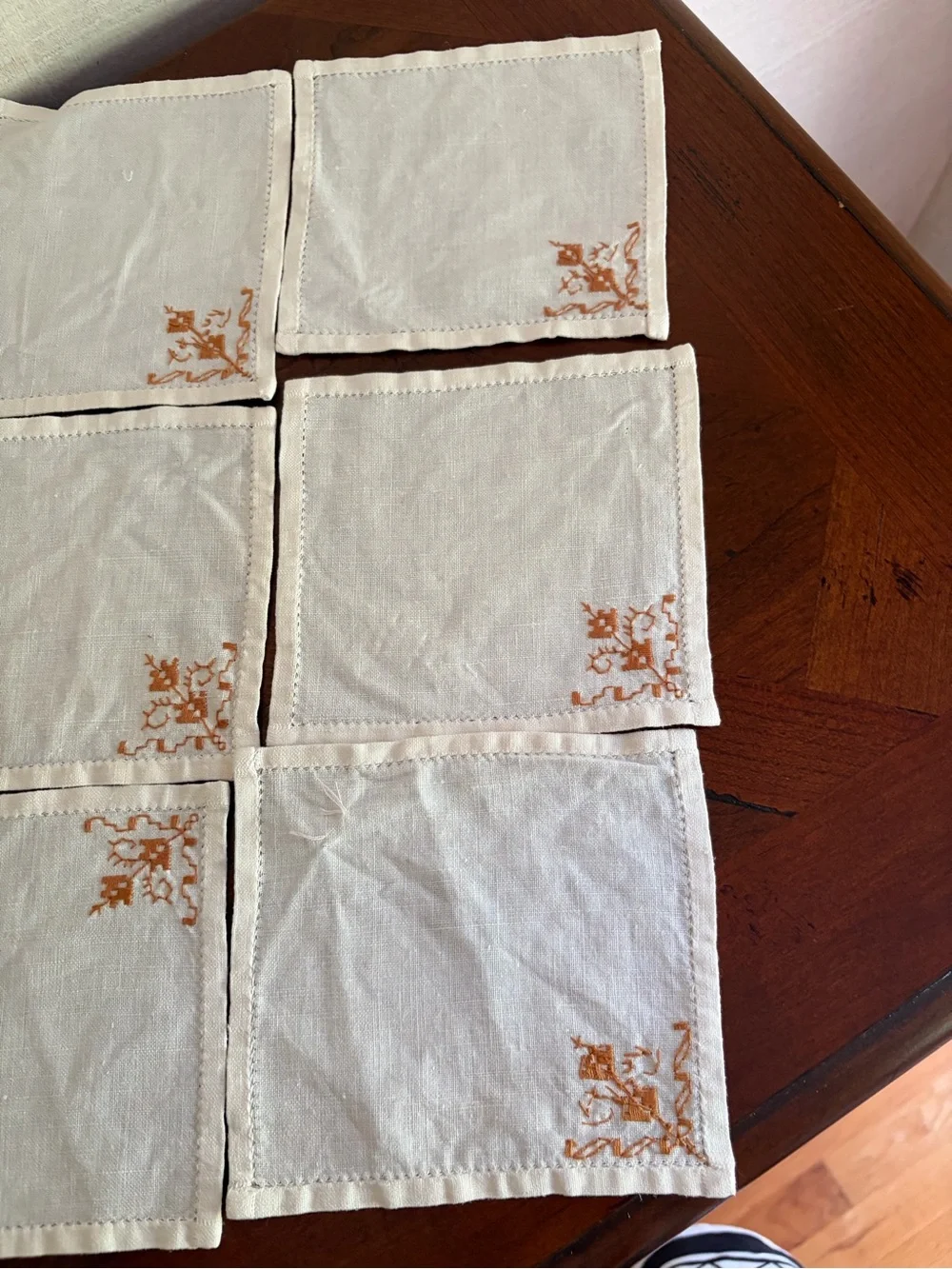 Set of 6 Off White Linen Cocktail Napkins Embroidered Corner